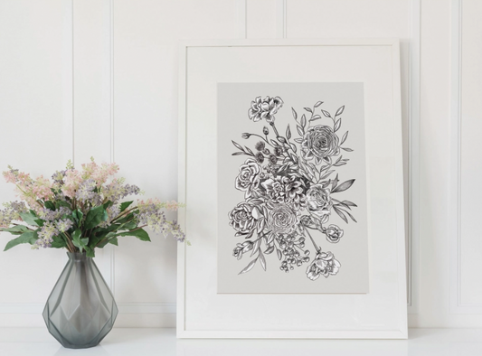 Tan/Black Floral Illustration Print